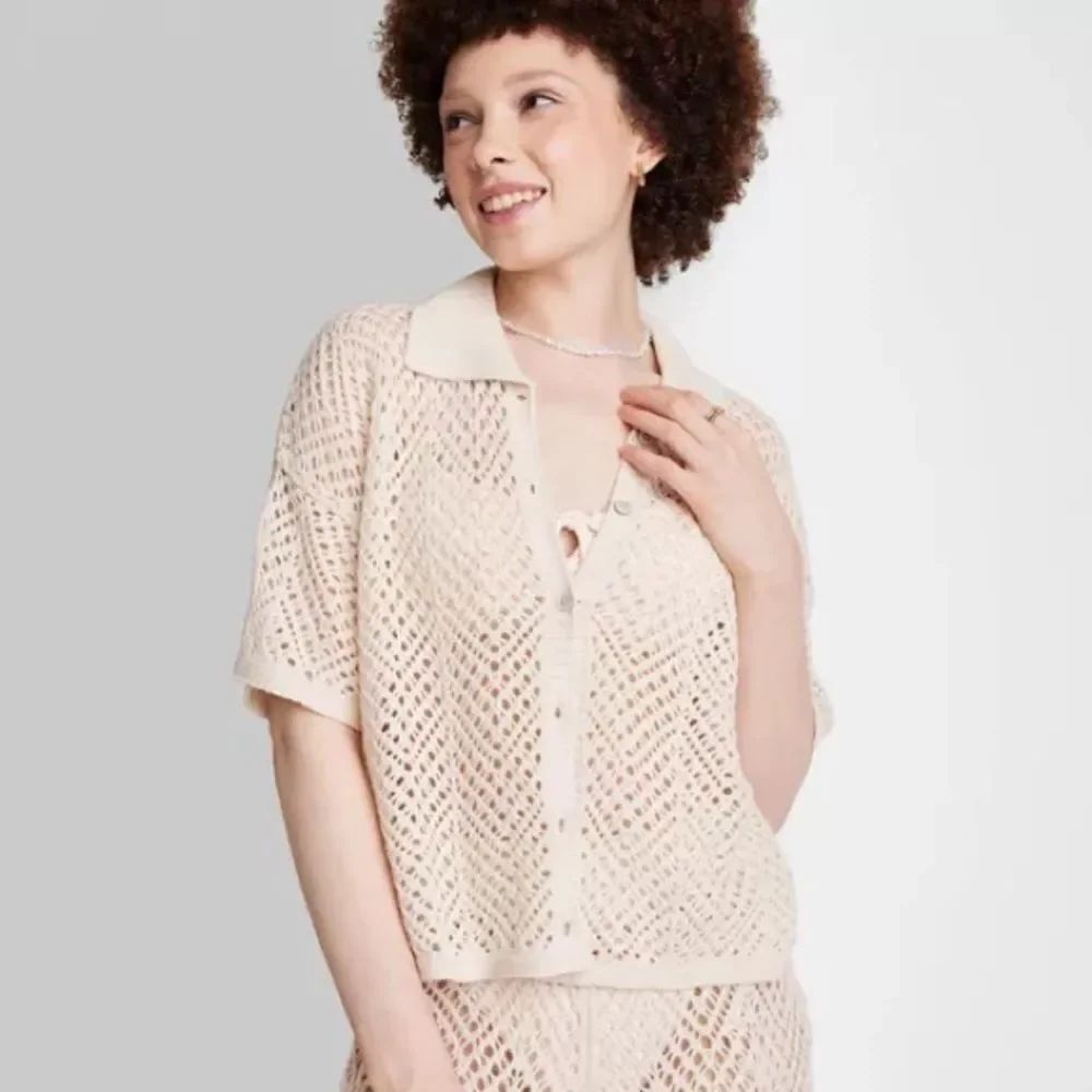 Target Wild Fable Cream Knit Button-Up Short Sleeve Open Work Camp Shirt